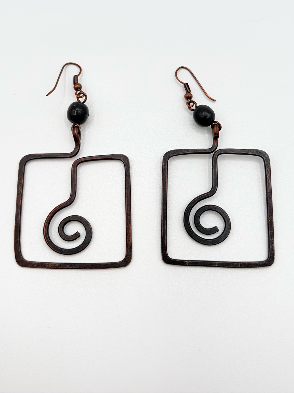 Copper Tone Geometric Spiral Dangle Earrings Black Bead